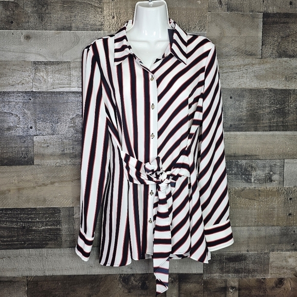 TOMMY HILFIGER Women Striped Front-Tie Buttondown Shirt Long Sleeve | L - Picture 6 of 11